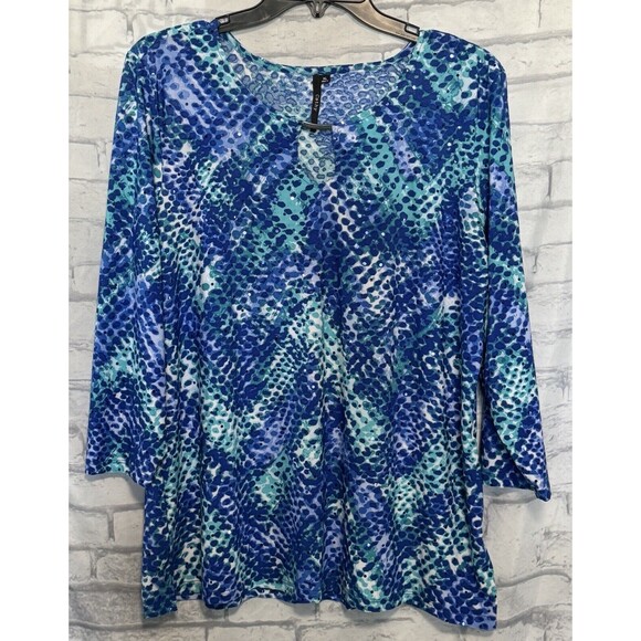 Cathy Blouse Womens XL Blue White Long Sleeve Abstract Print Keyhole Neck - Picture 1 of 16